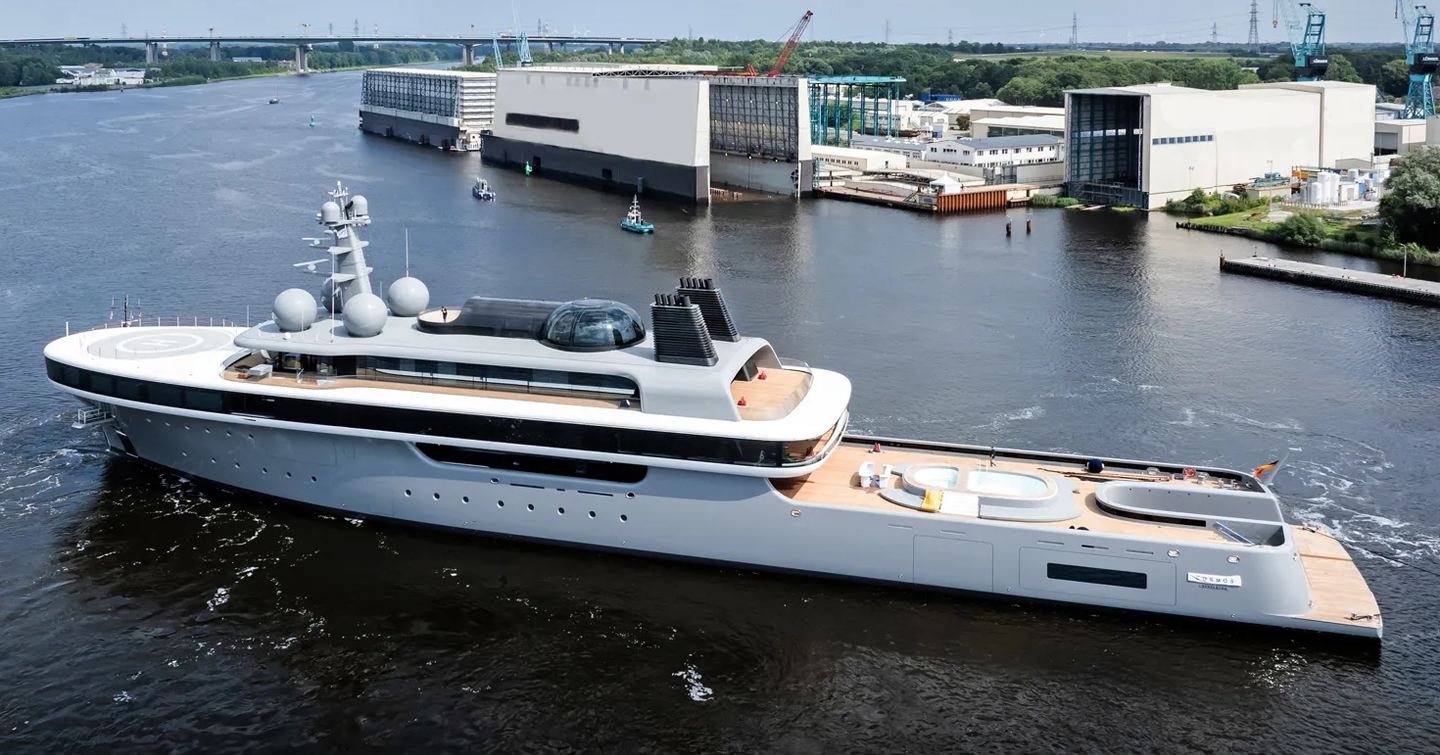  Superyacht Project Cosmos outside Lurssen shipyard at launch