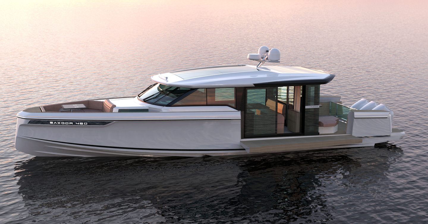 Rendering of Saxdor 460 GTC boat at anchor with fold down aft 