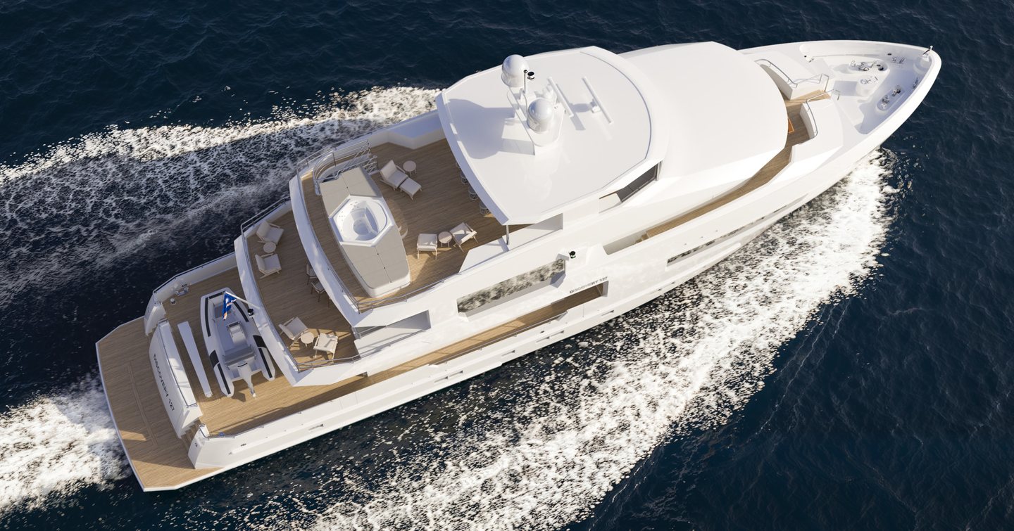 An aerial shot of the Cheoy Lee 127 Discovery showing its flybridge and expansive deck spaces