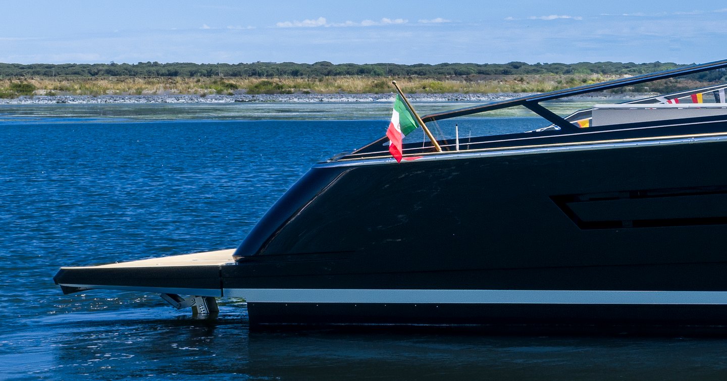 First Itama 70 motor yacht beach club close up 
