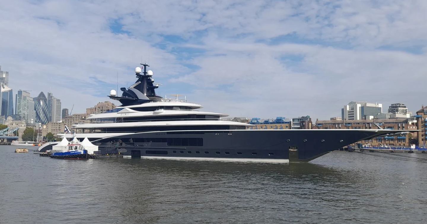 Lürssen Superyacht Kismet moored on the Thames with tents and tenders