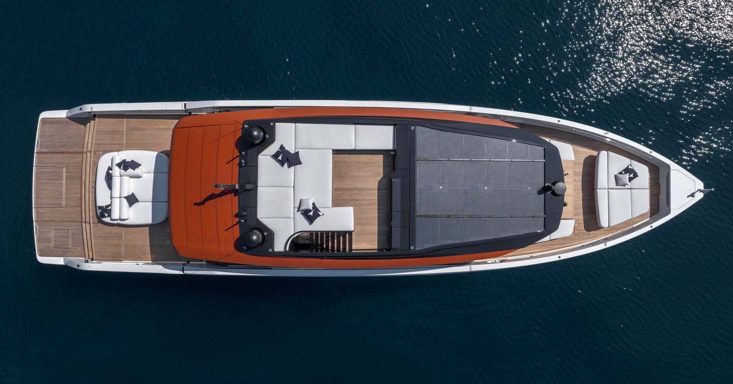 An aerial render of the SP92 and its versatile seating areas on the bow, sundeck, and beach club.