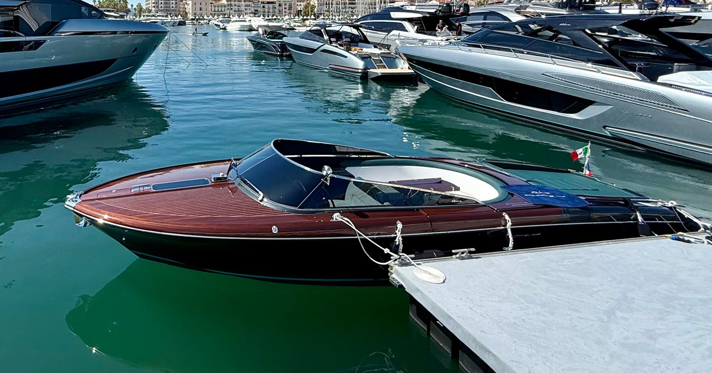 Riva Aquariva Special boat docked at 2025 Cannes Yachting Festival 