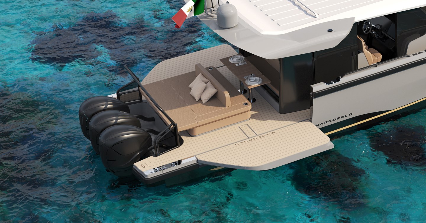 Rendering of Marcopolo Adventure Yachts MP12 boat stern with fold down sides