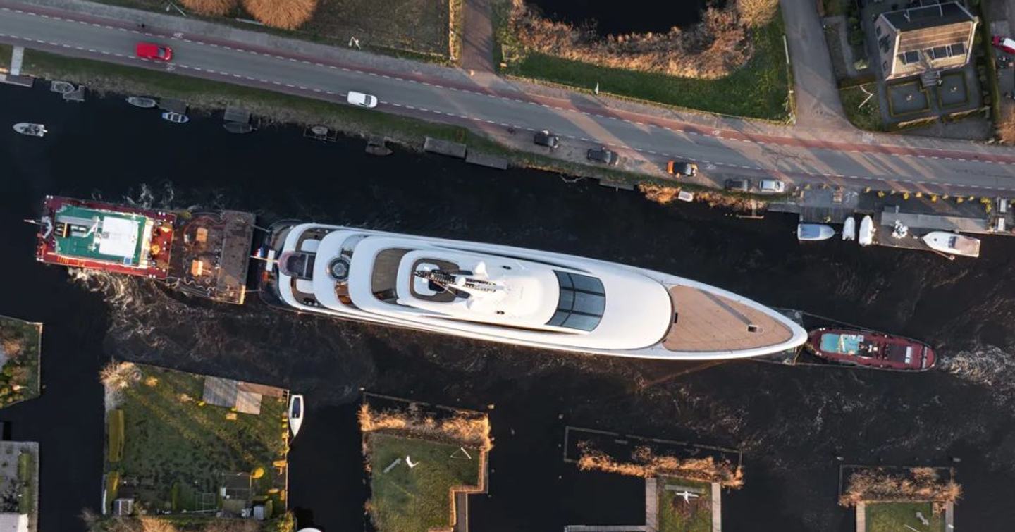 Aerial view of superyacht Faith being launched