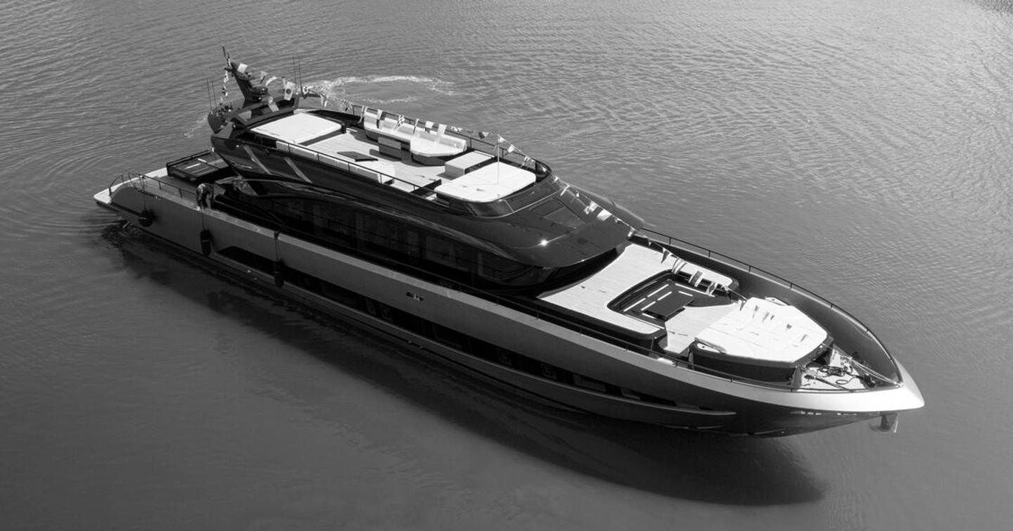 Second 34m AB110 Motor Yacht at launch in black and white
