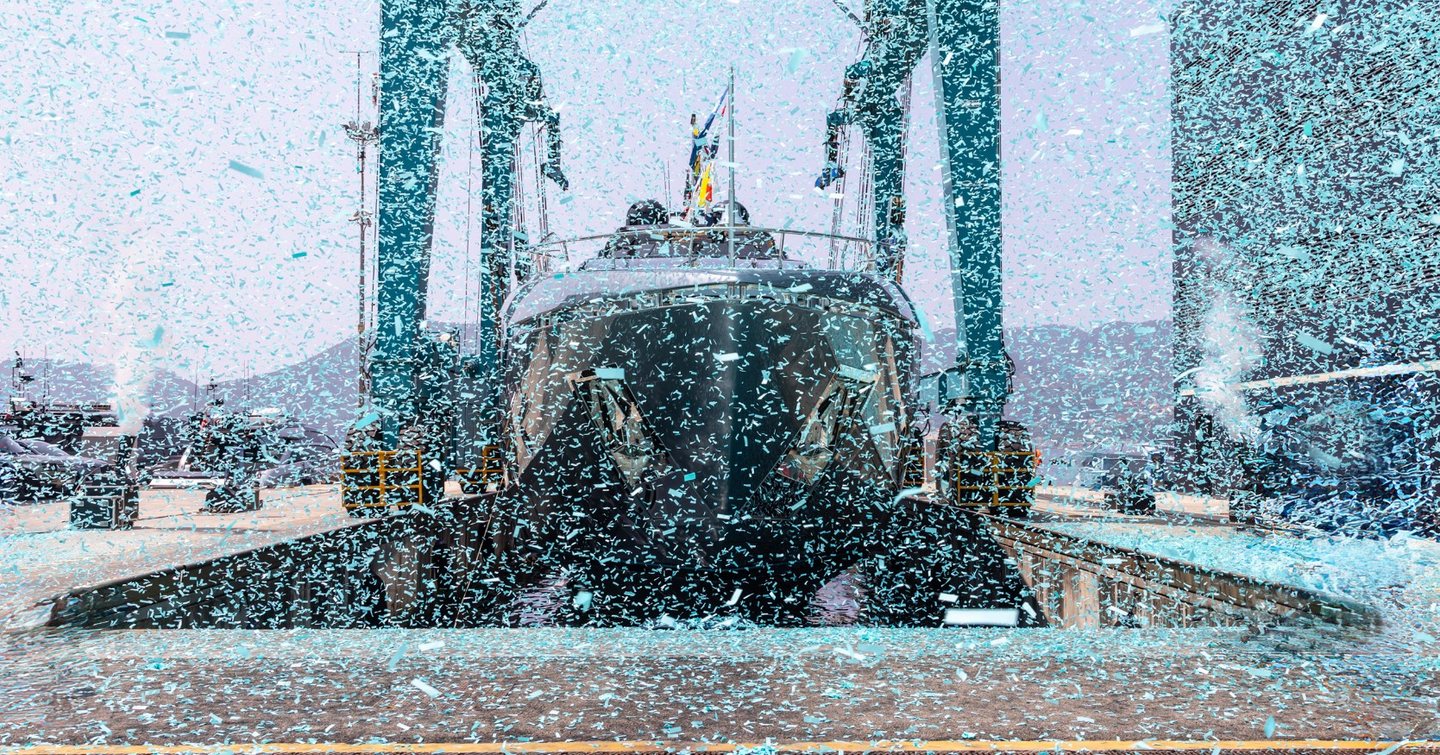 First Riva 112 DolceVita Super motor yacht covered in confetti at launch