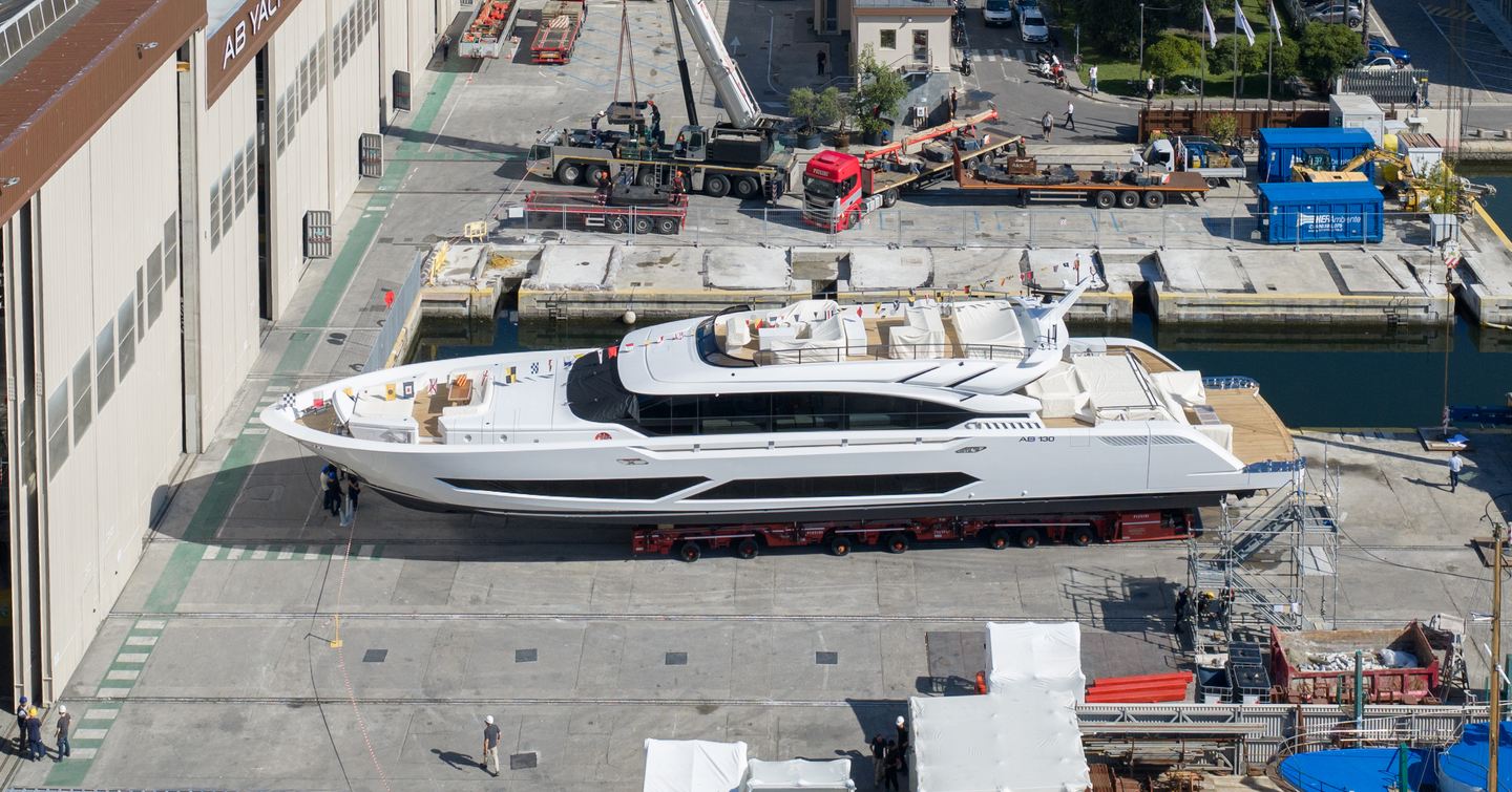 Aerial view of AB Yachts AB130 motor yacht Casa Bri Mare outside shipyard before launch