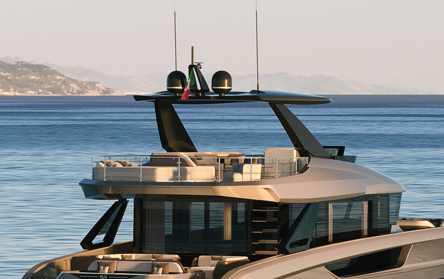 Rendering of Solaris Power 64 Long Range motor yacht flybridge 