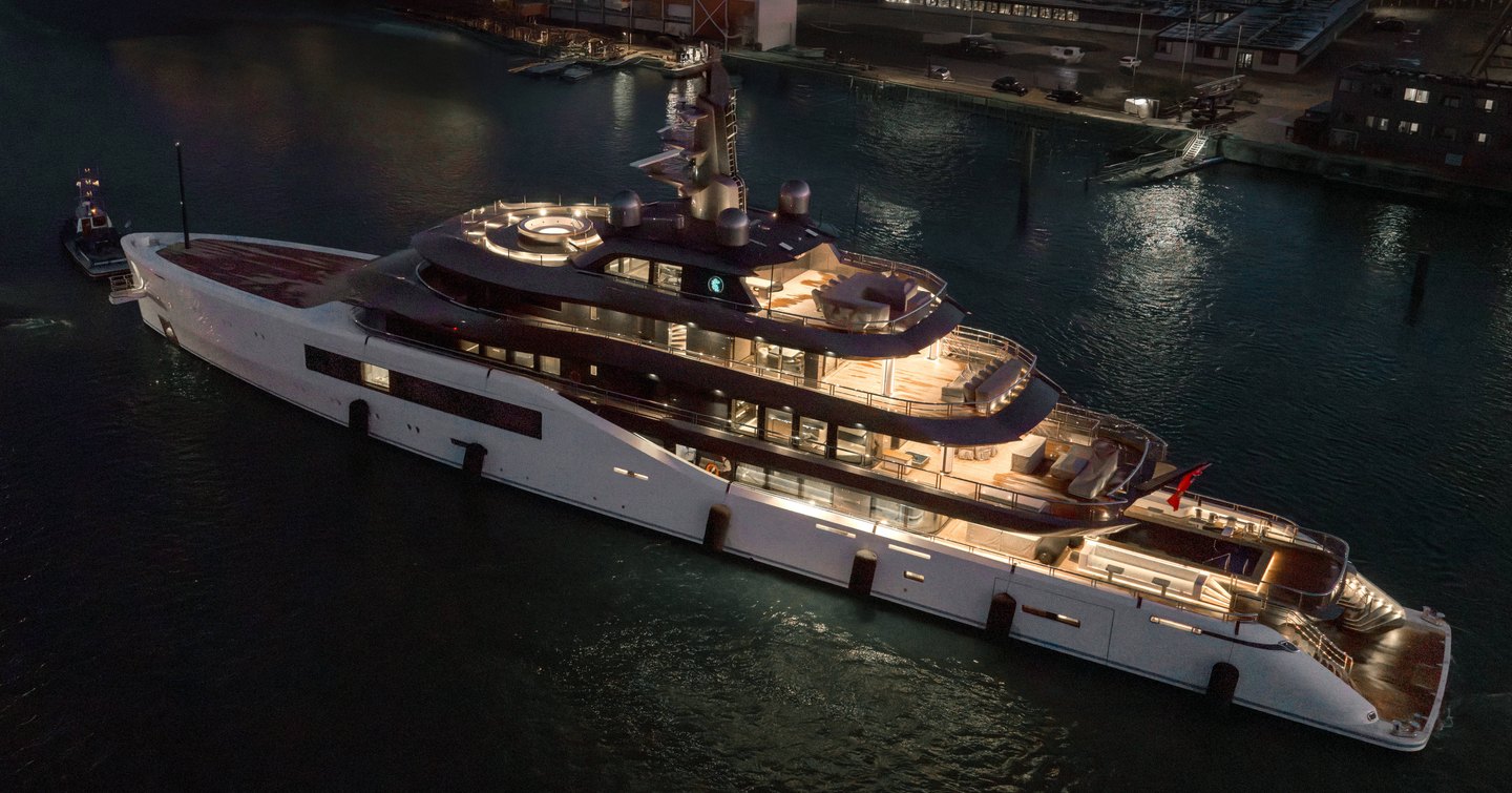 Superyacht Pangea docked at night