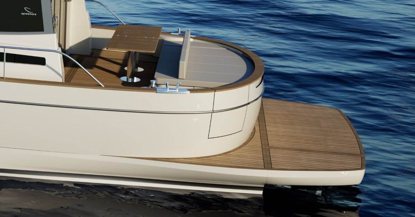 Rendering of Apreamare Gozzo 48 Cabin boat aft decks with sunpads and wooden table