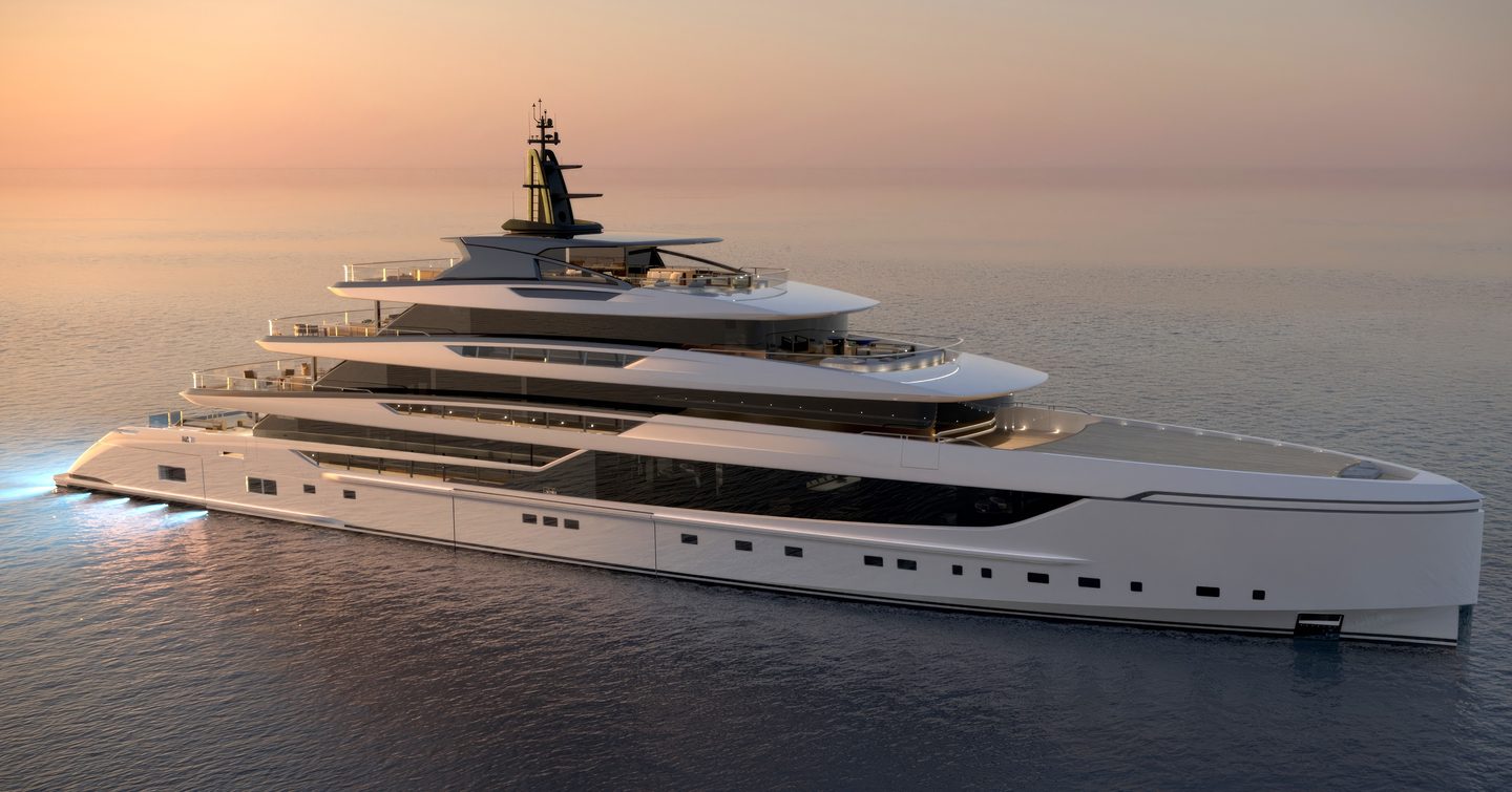 Rendering of Sanlorenzo 74Steel Superyacht at anchor with aft underwater lights
