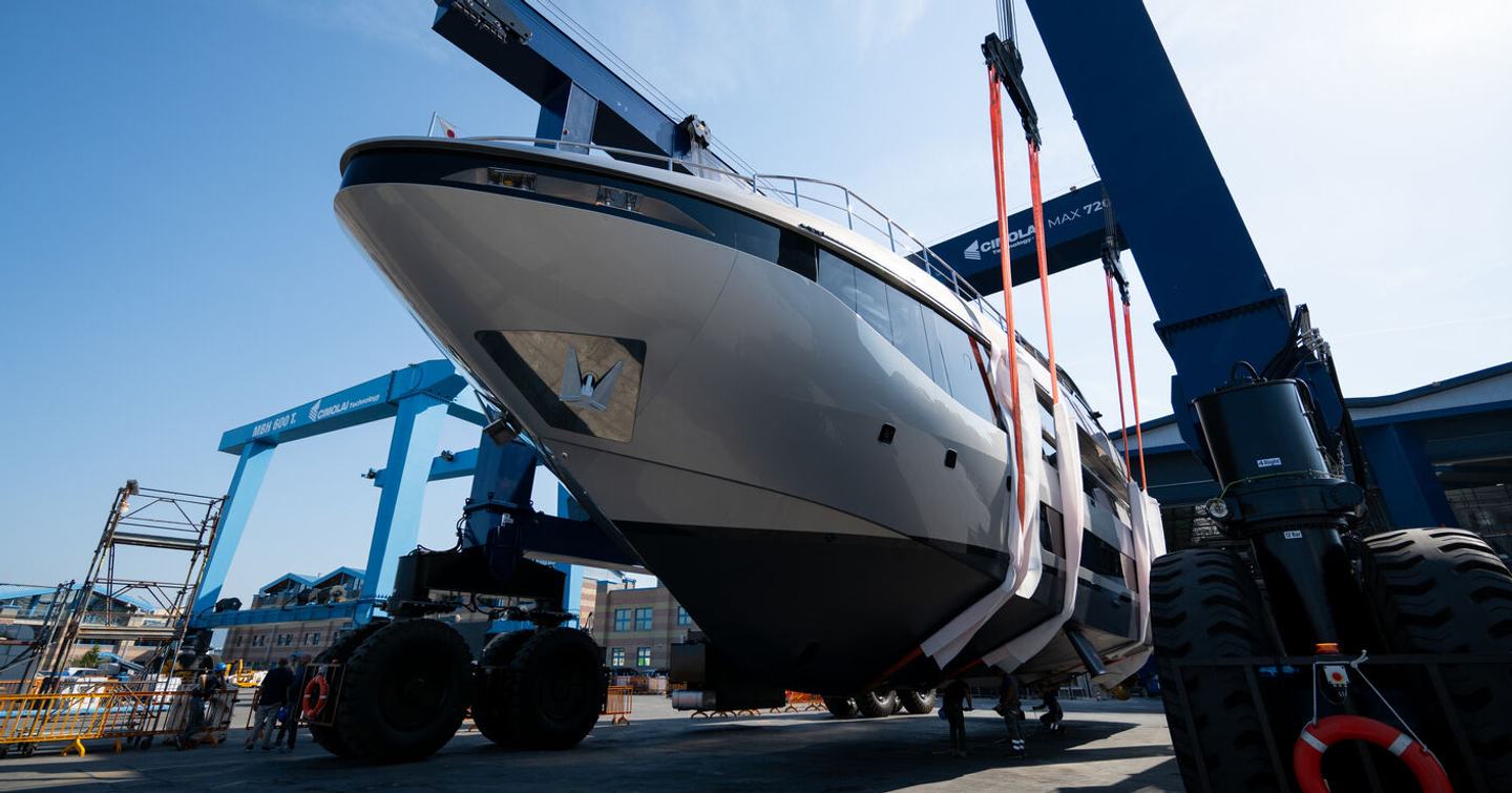 Maiora first M30 yacht at launch bow view 