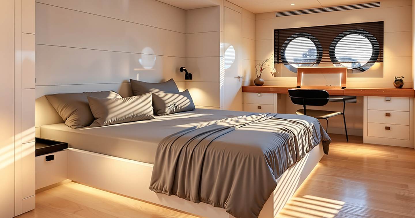 Rendering of 41M EXP Aegean Project Obsidean Blade explorer yacht master cabin