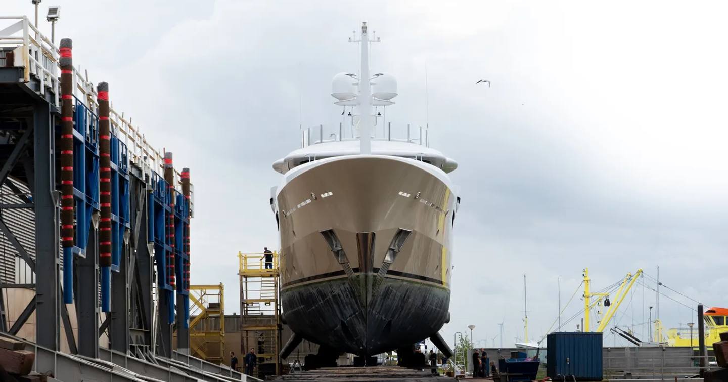 Amels superyacht Amigos at shipyard bow view 