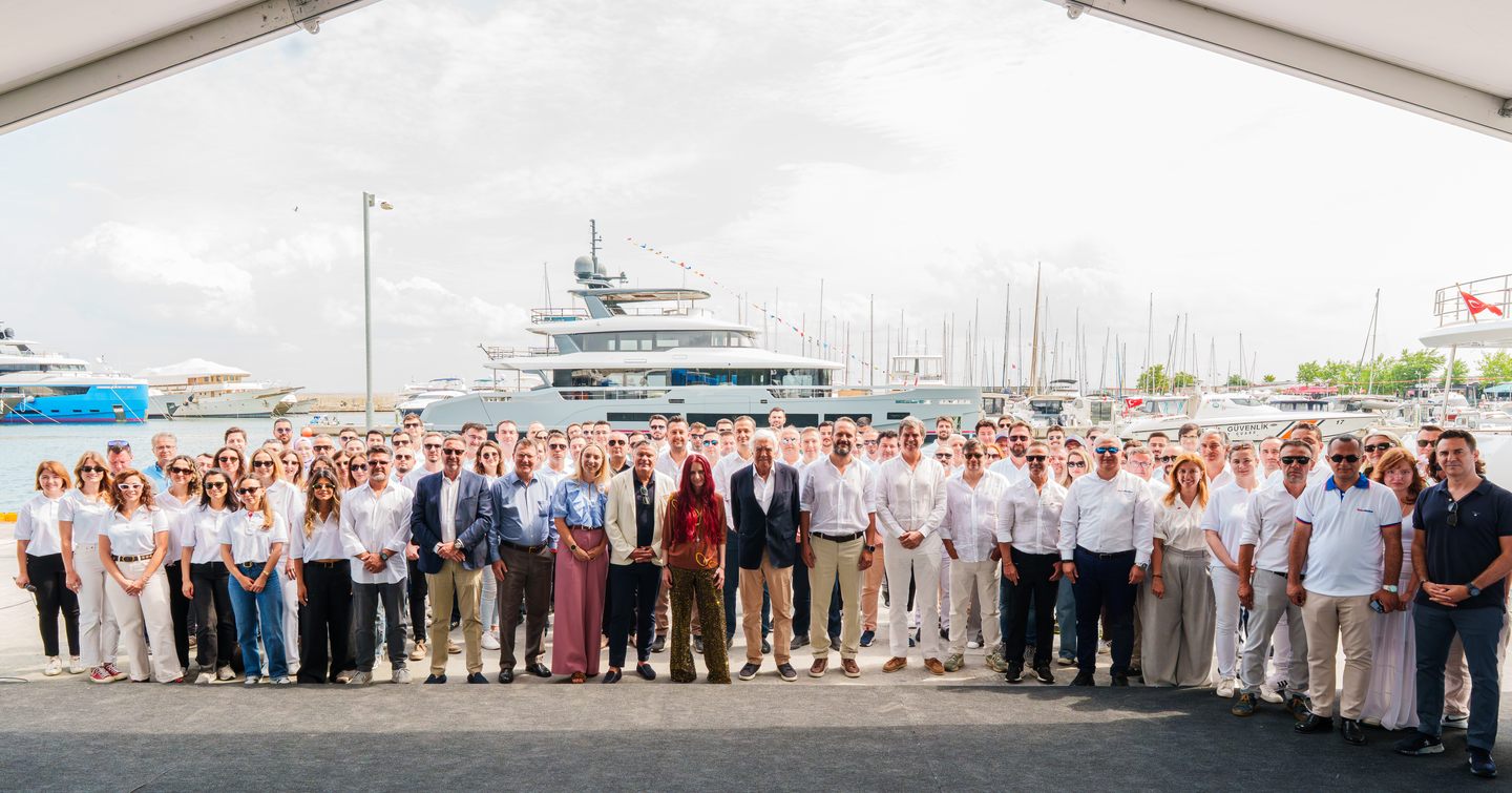 First Sirena 118 yacht at launch with team 
