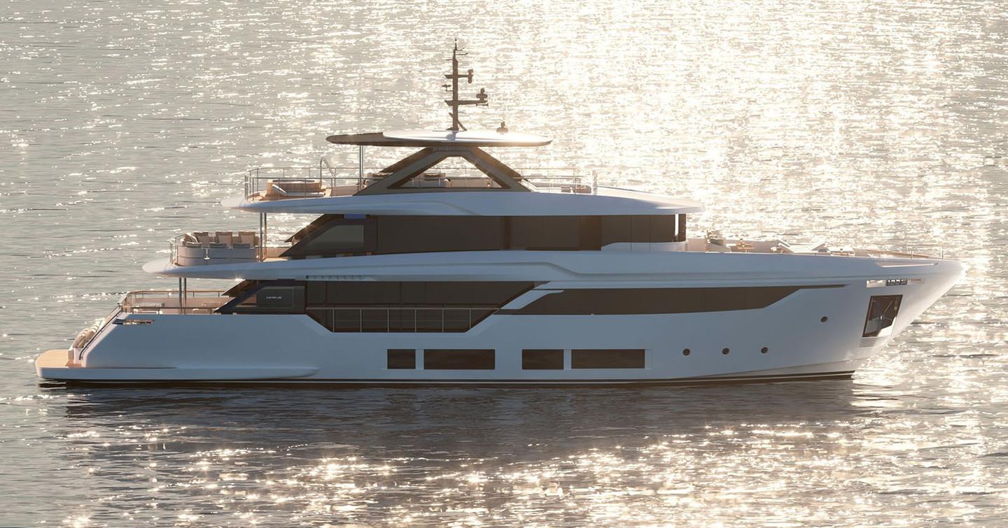Rendering of Custom Line Navetta 35 superyacht at anchor 