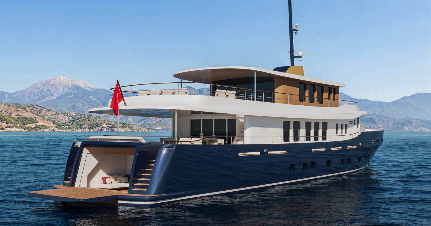 Rendering of Numarine 38XPC superyacht with fold out stern