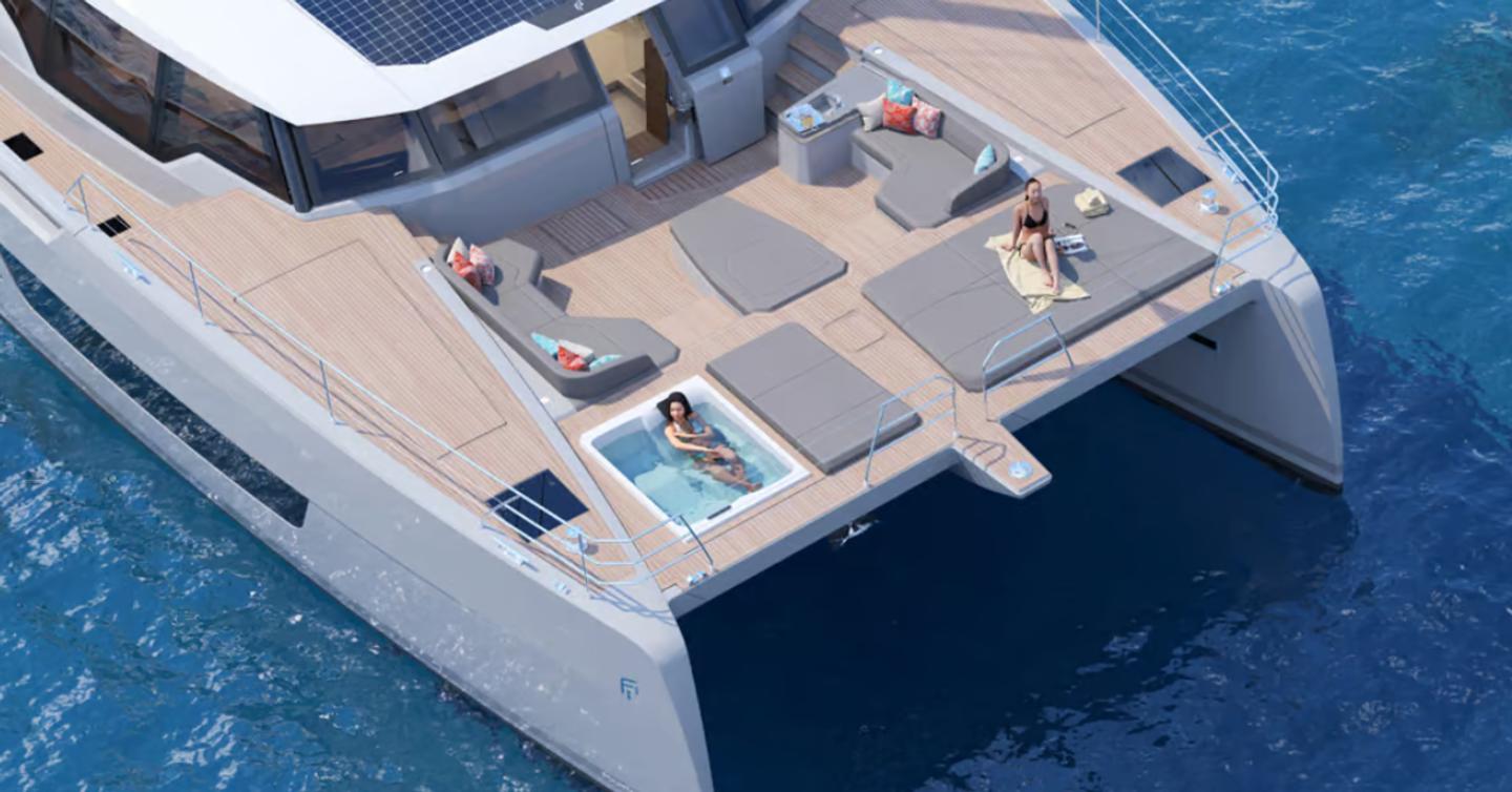 Rendering of Fountain Pajot Power 80 catamaran foredeck with sunpads and pool