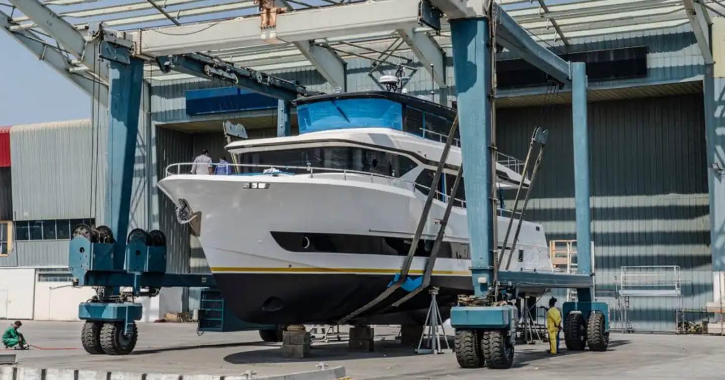 Nomad 70 Motor Yacht on trolley on way to launch