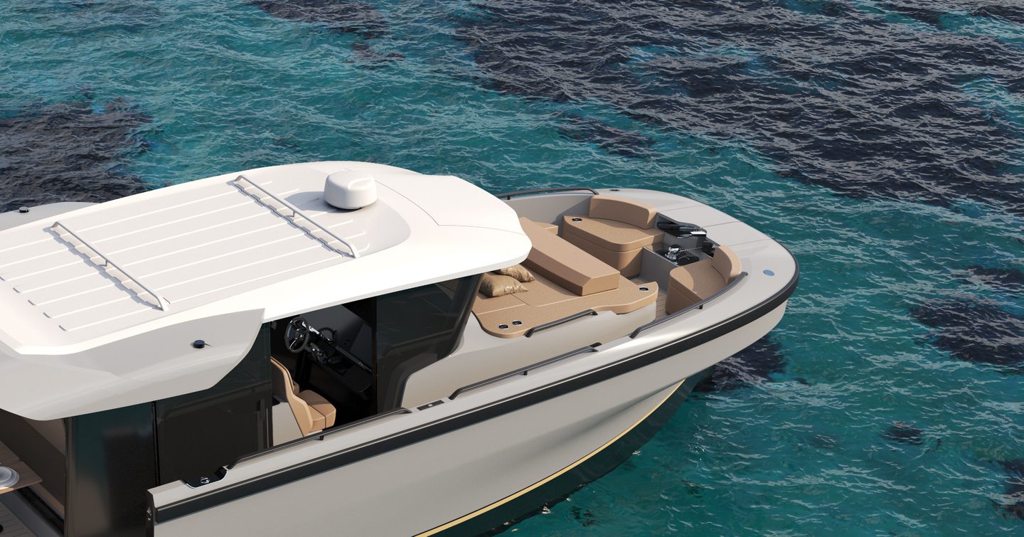 Rendering of Marcopolo Adventure Yachts MP12 boat foredeck with beige seating
