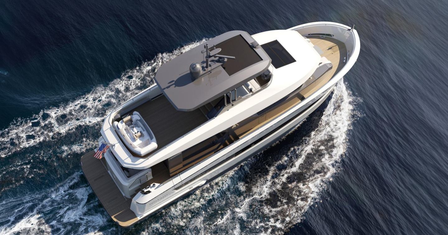Outer Reef 540 Adventure yacht underway aerial view 