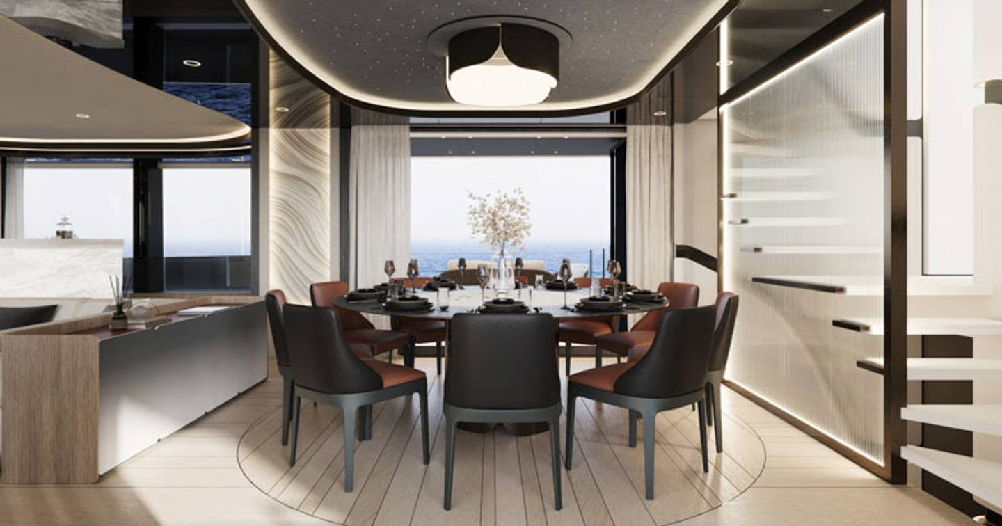 The Sunreef Ultima 111's dining areas is impressive, surrounded by expansive windows for sea views while enjoying dinner