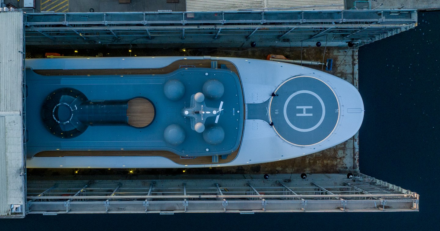 Aerial view of superyacht Project Cosmos foredecks at Lurssen shipyard 