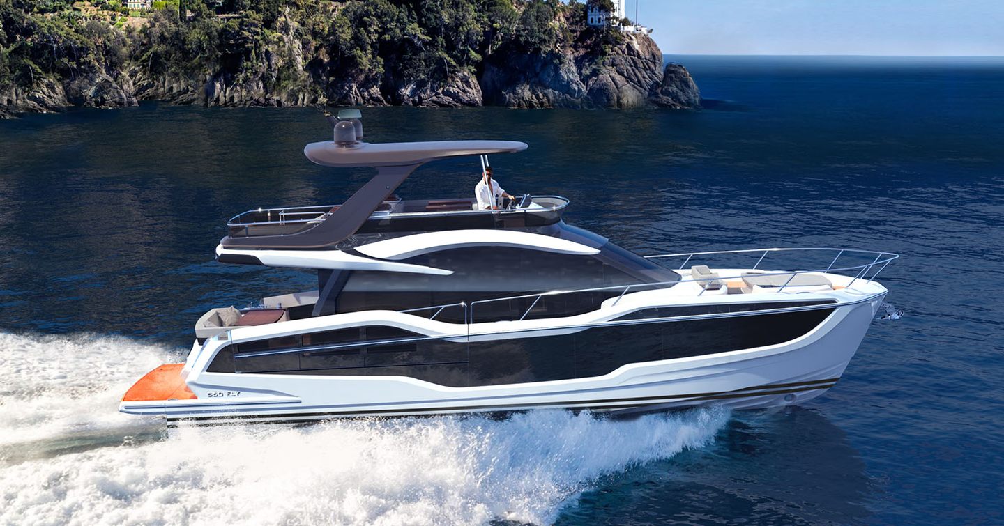 Galeon 560 FLY motor yacht under way 