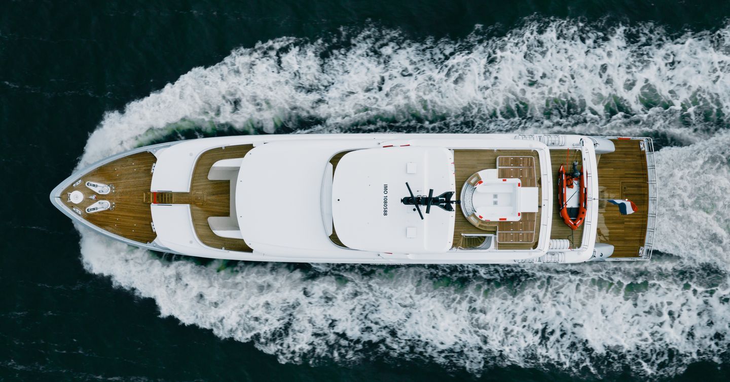 Aerial view of Moonen 122 Martinique Superyacht Lollipop under way 