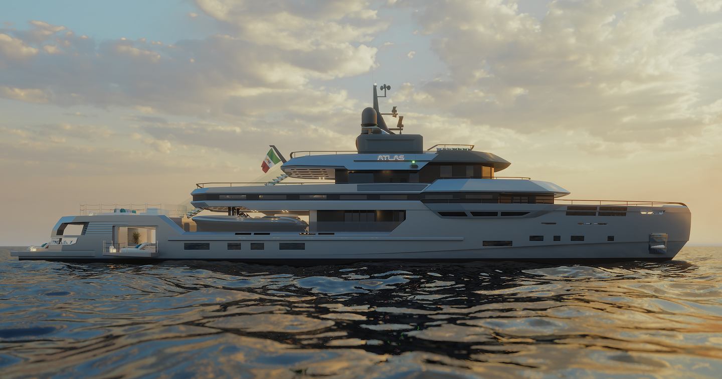 A render of Ares Yachts ATLAS starboard side