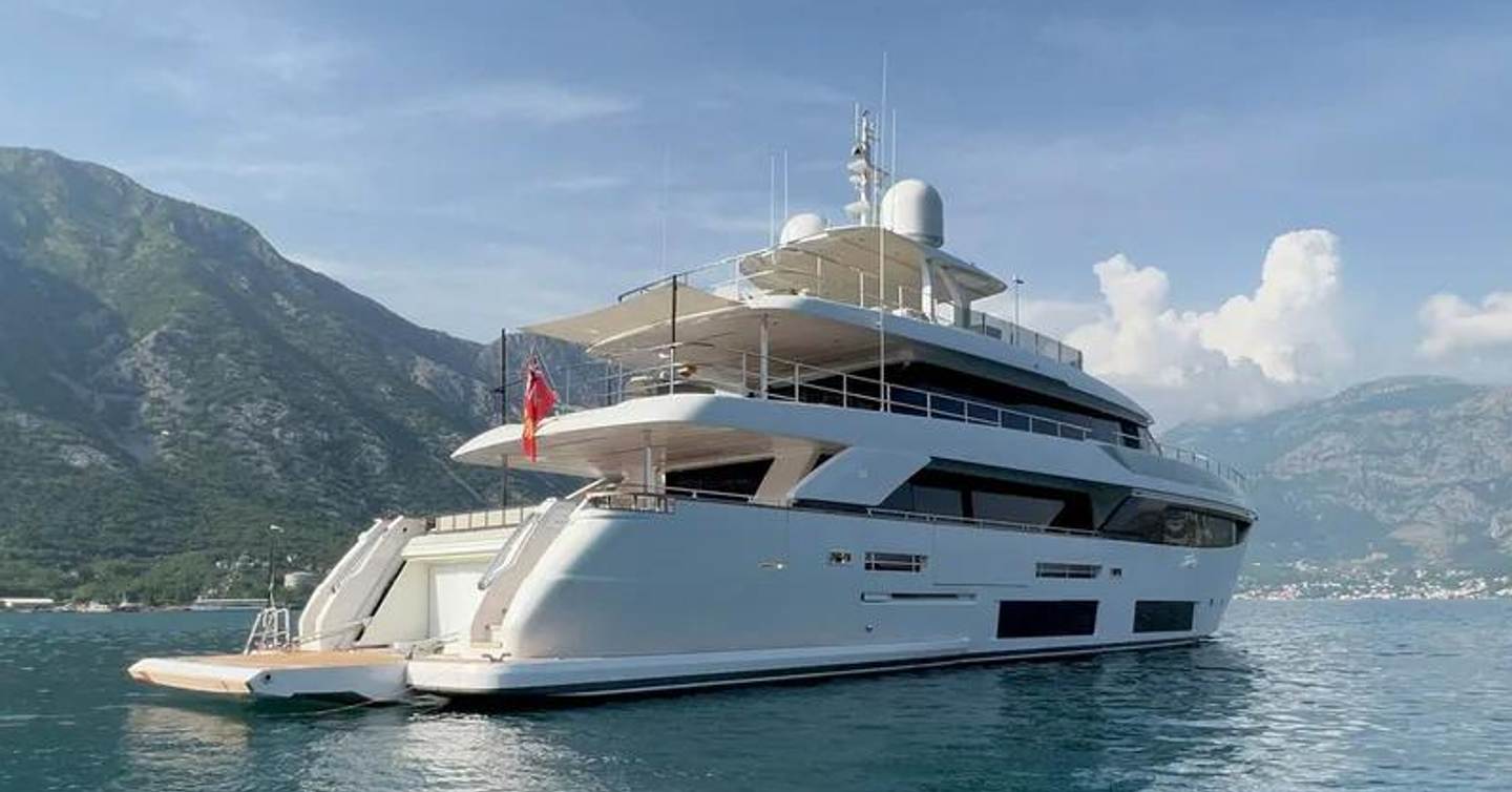  Custom Line yacht Adelia at anchor stern view 
