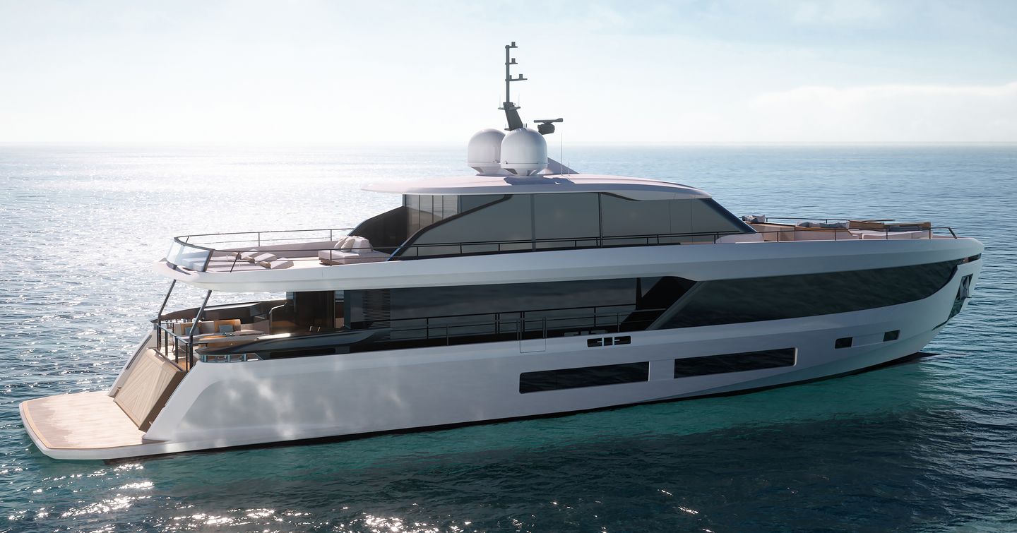 Rendering of Grande 30M superyacht at anchor