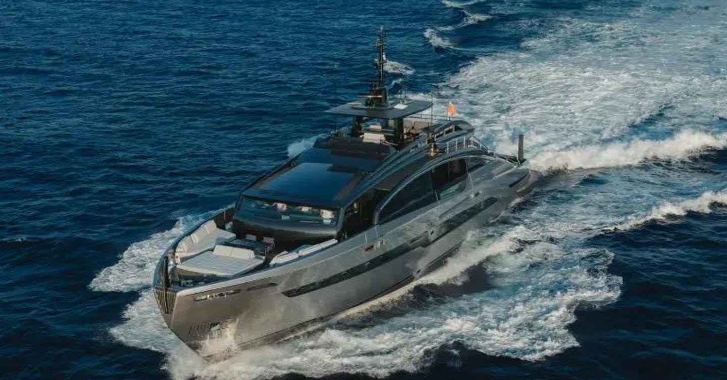 Pershing motor yacht Byeee... underway bow view 