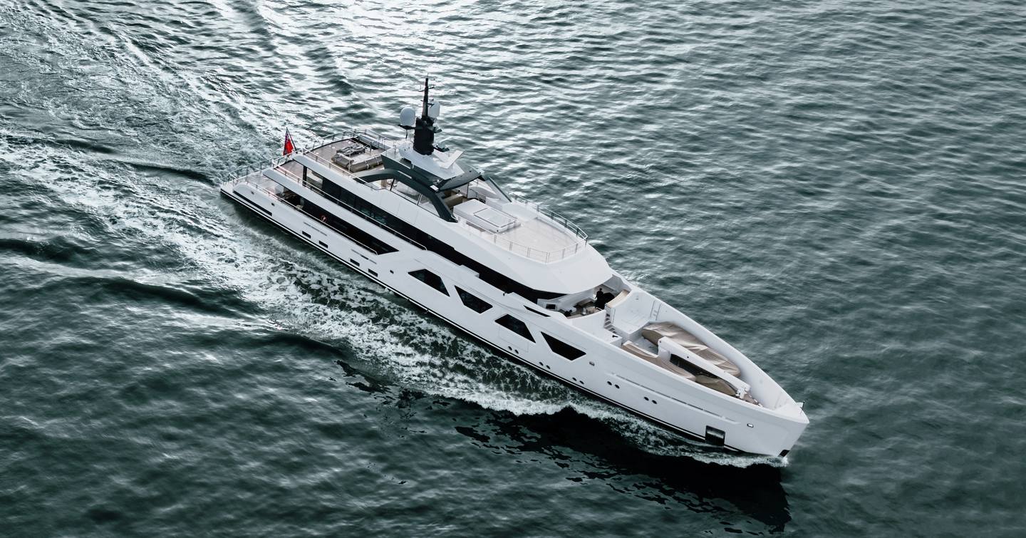 Aerial view of superyacht Alva under way