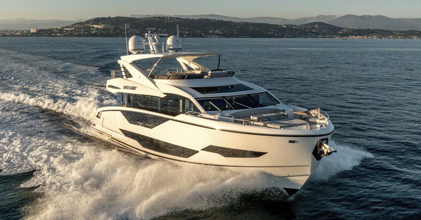 Sunseeker motor yacht Triple Eight underway bow view 