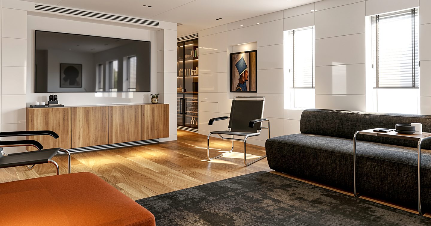 Rendering of 41M EXP Aegean Project Obsidean Blade explorer yacht main salon with orange sofa 