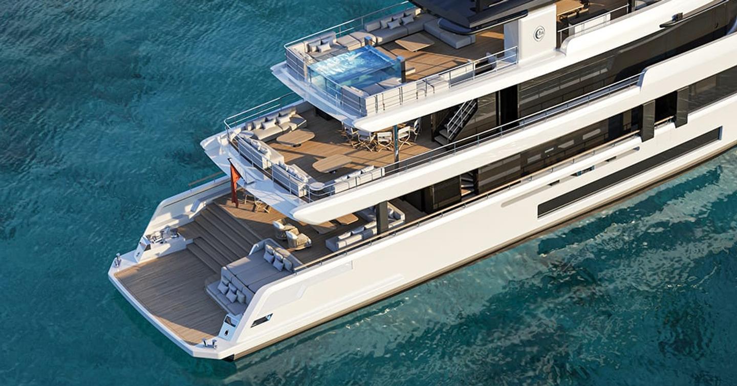 Rendering of Cantiere delle Marche Custom 45m explorer yacht aft decks with infinity pool and sunpads 