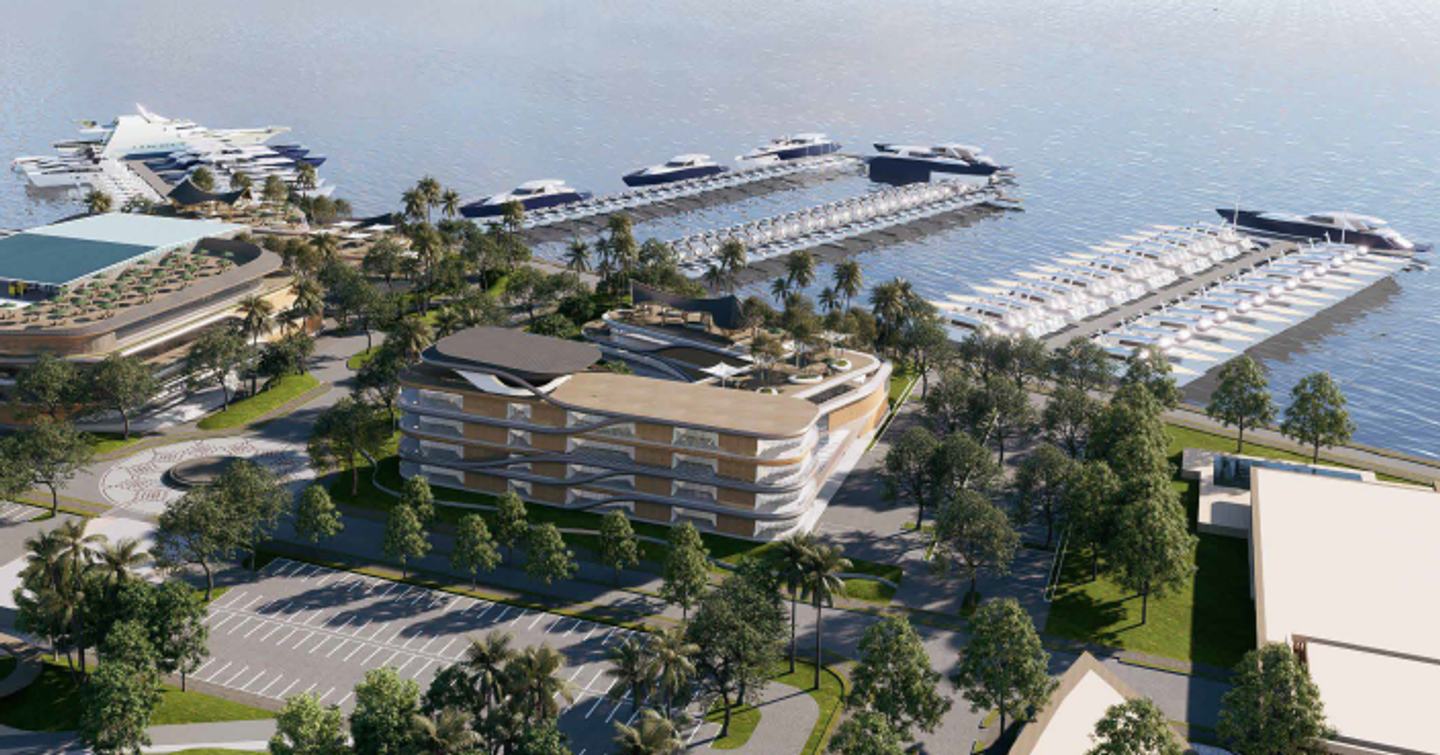 A render showing the superyacht marina in Bali with shops and yacht club