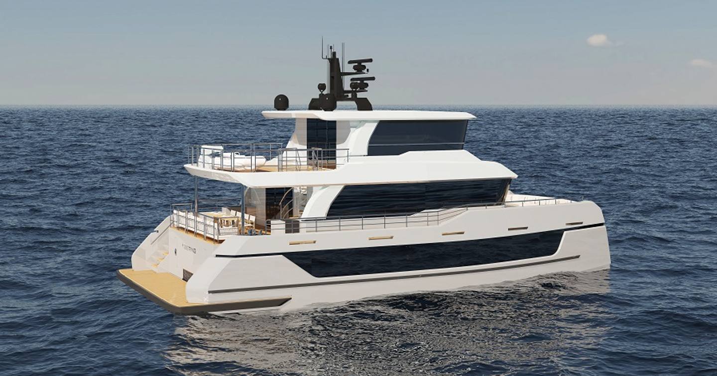 Rendering of Bering BC70 expedition catamaran under way 