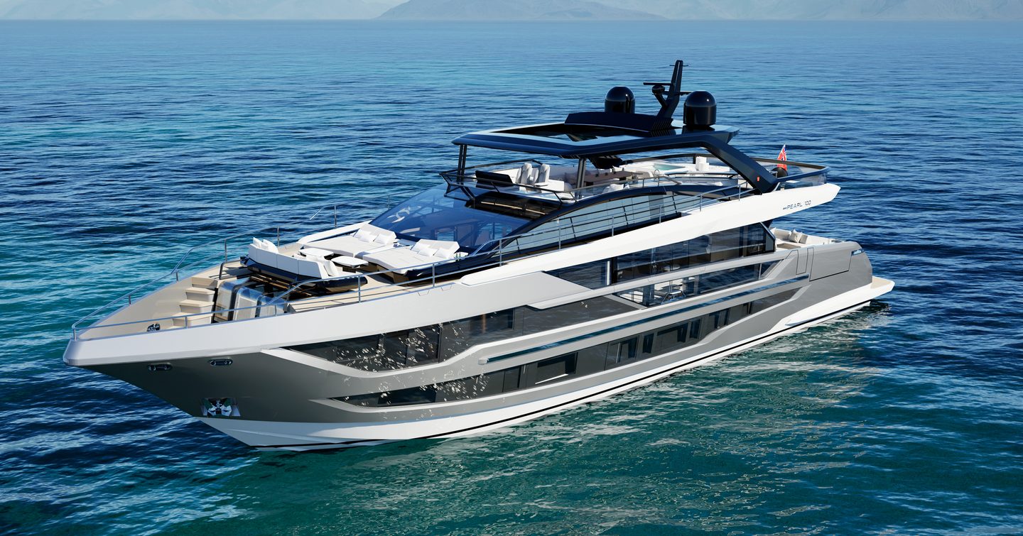 Pearl 100 Hybrid yacht at anchor side view 