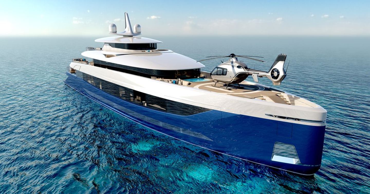 Rendering of RMK Marine LIVIA 72 superyacht at anchor with helicopter landing on foredeck