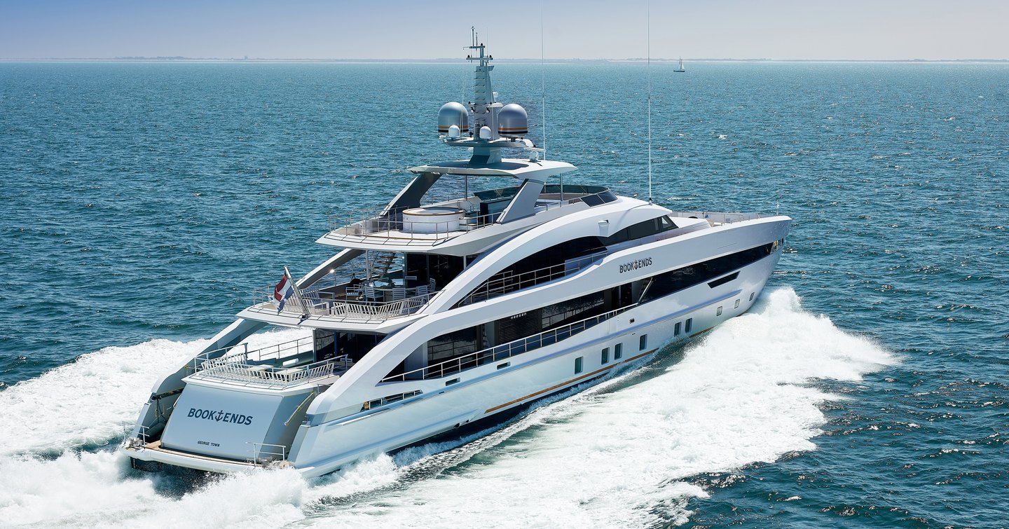 Aft view of Heesen superyacht Book Ends, surrounded by sea. 