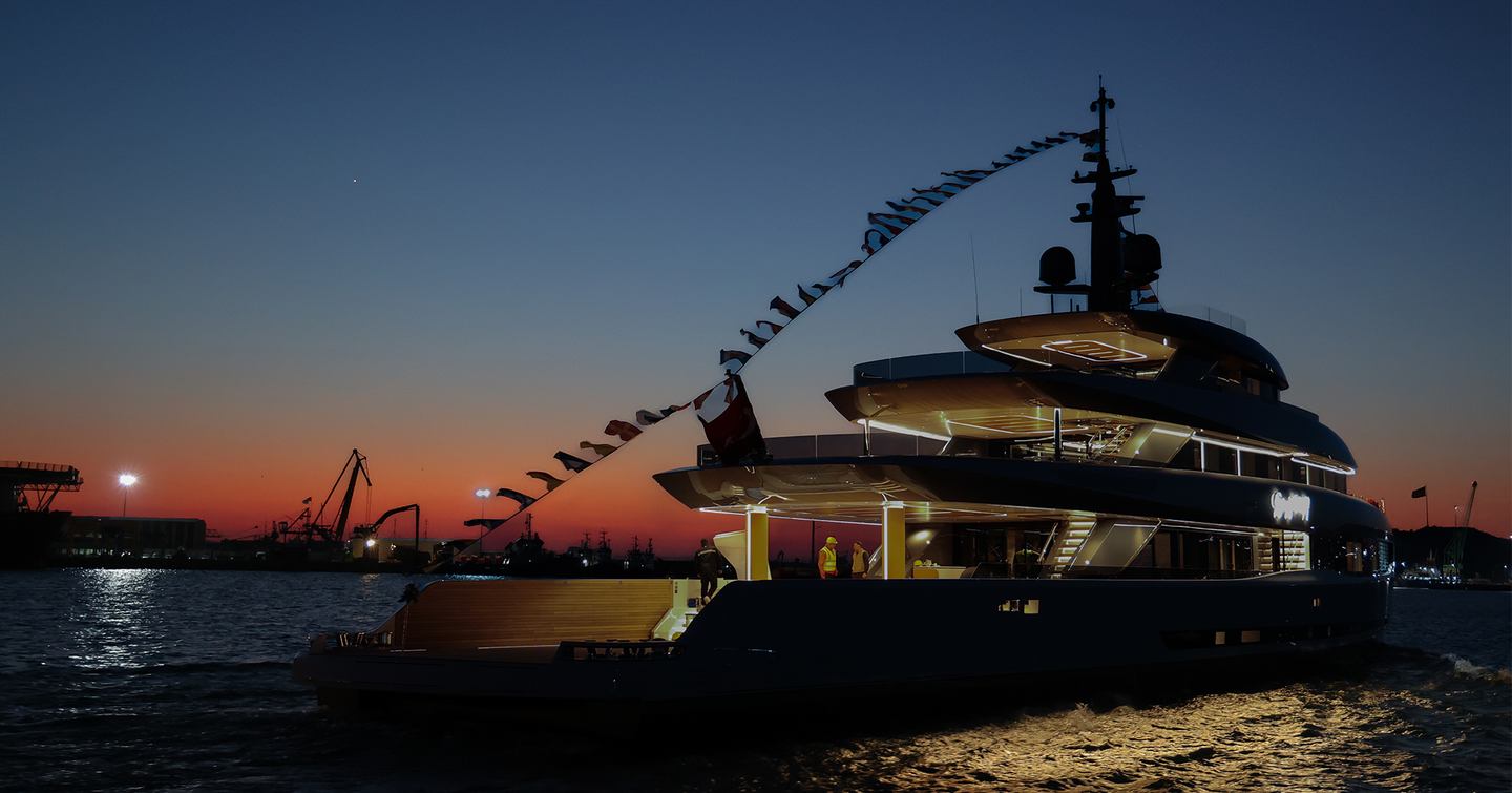 Mengi Yay Vitrus XP Explorer Yacht Gray Wolf at launch at night 