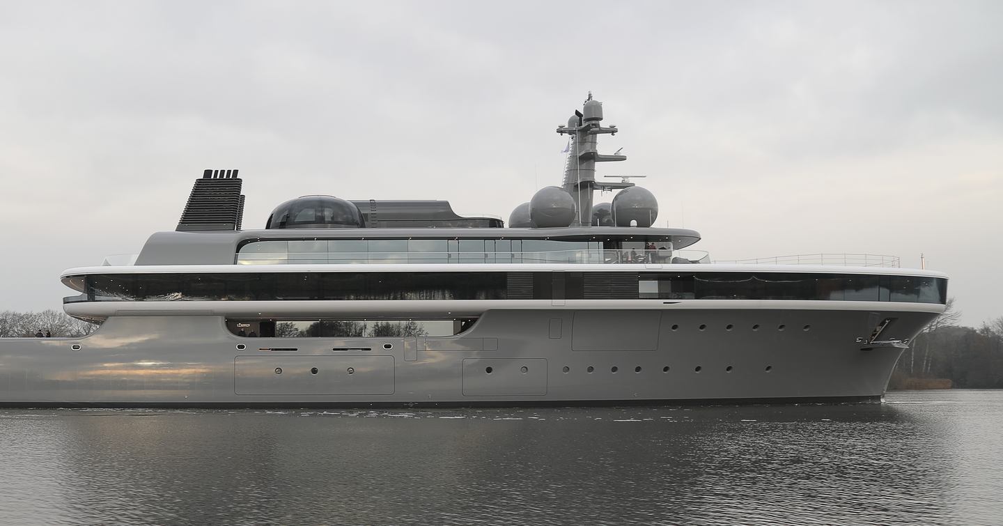 Close up of Superyacht Project Cosmos starboard side while on sea trials 