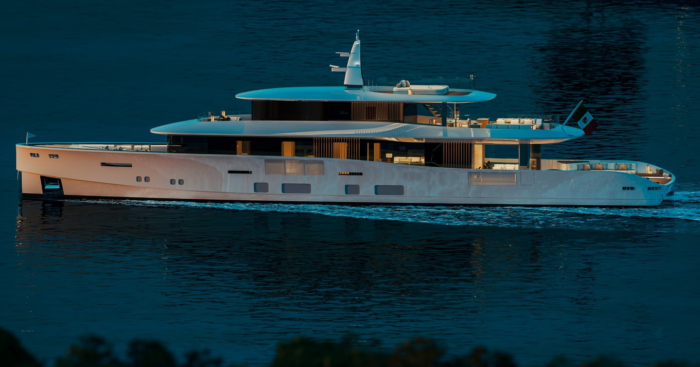 Rendering of Benetti B.Neos superyacht under way at night