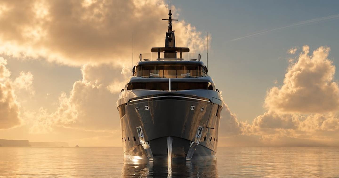 First Sanlorenzo 65Steel superyacht at anchor bow view 