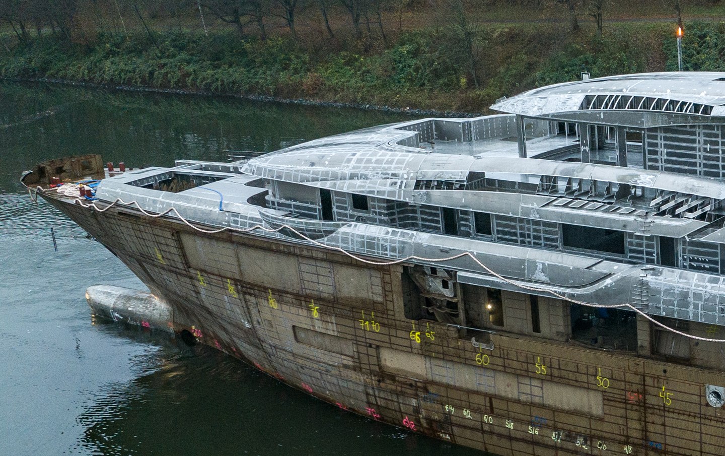 Close up of Abeking 6516 superyacht bow under construction