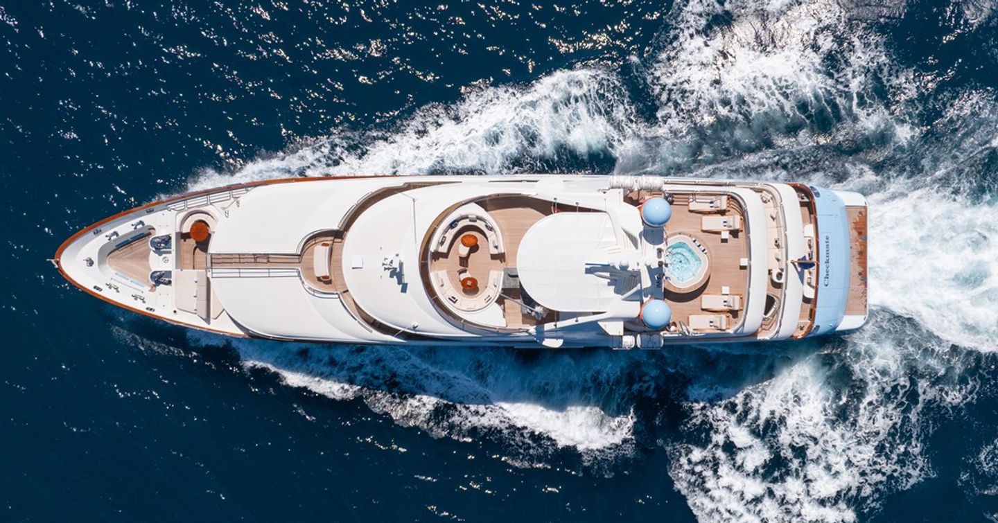 Aerial view of Superyacht Checkmate under way