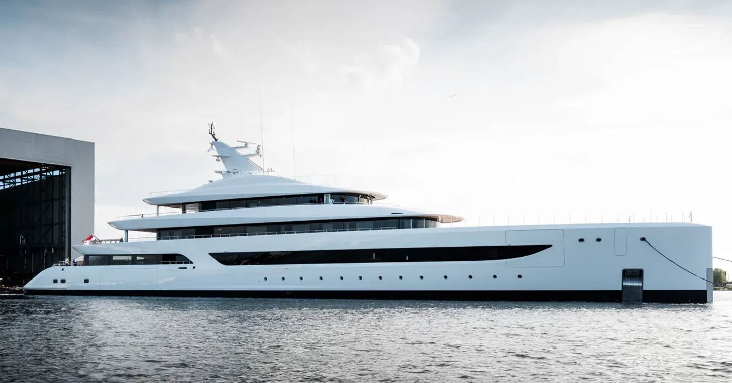 Feadship superyacht Milky Way at anchor side view 